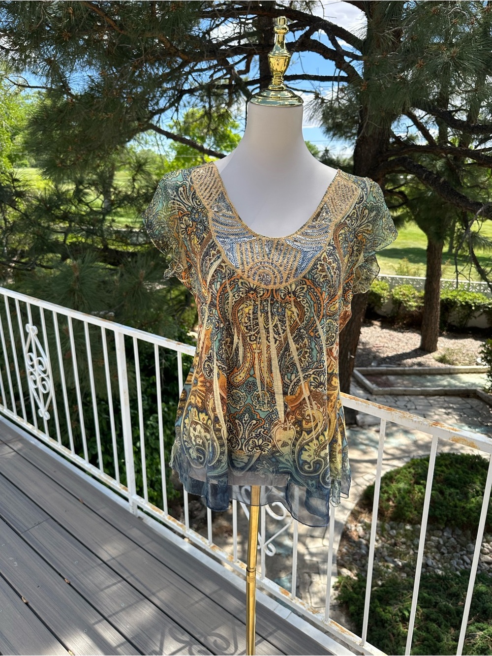 ONE WORLD Paisley Scoop Neck Blouse in Teal, Mustard & Navy